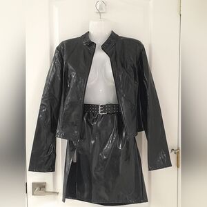 Faux Leather Set Skirt And Jacket (Belt Not Included)